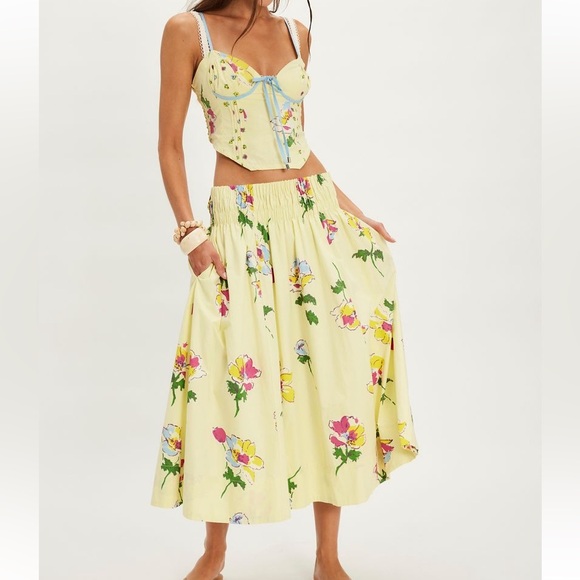 Floral Yellow Corset Top and Skirt Set with Blue Accents - Picture 1 of 7